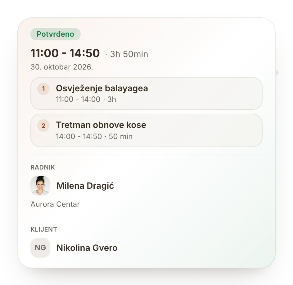 Detalji termina s dvije usluge, djelatnicom i klijenticom