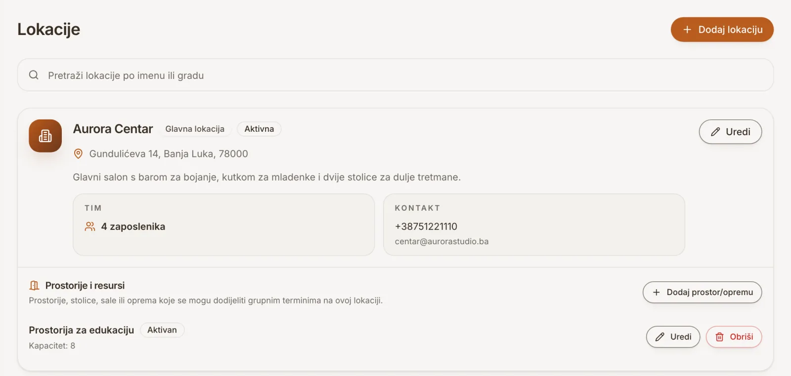 Lokacija salona s radnim vremenom i timom