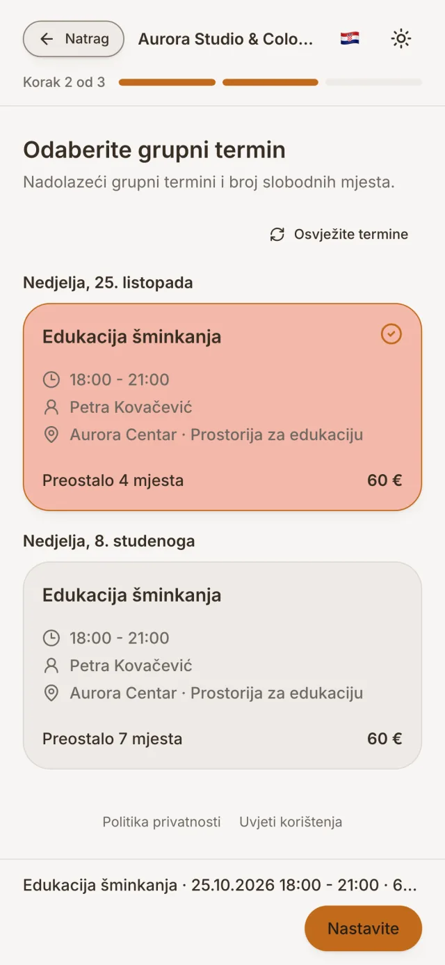 Rezervacija mjesta u grupnom terminu