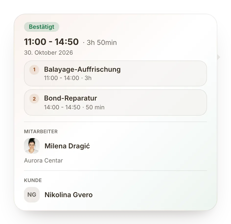 Termindetails mit zwei Leistungen, Mitarbeiterin und Kundin