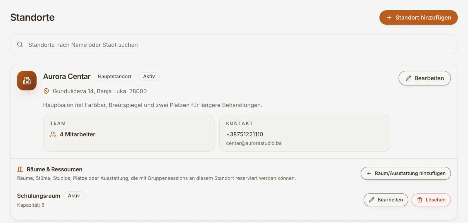 Der Standort des Salons mit Arbeitszeiten und Team