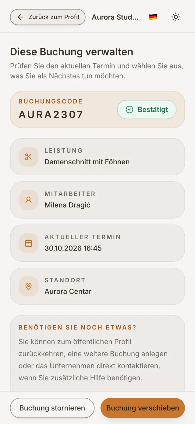 Eine Buchung mit Optionen zum Ändern und Stornieren