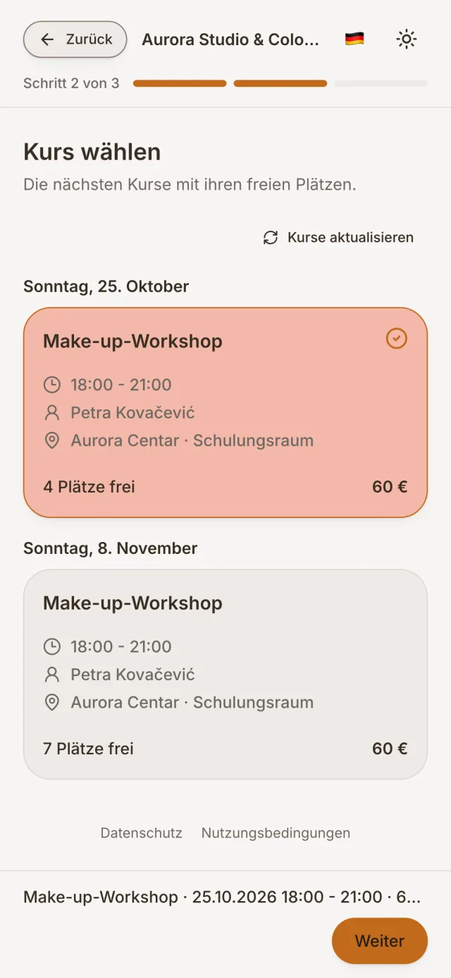 Platzreservierung in einem Gruppenkurs
