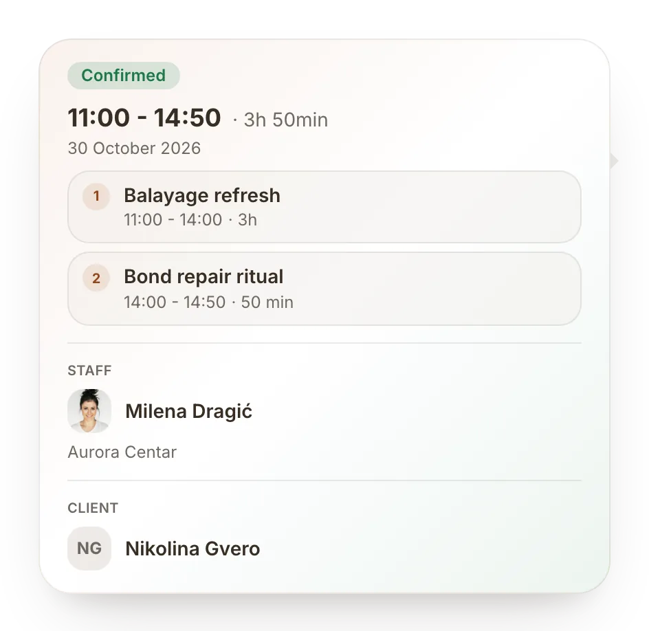 Appointment details with two services, the stylist and the client