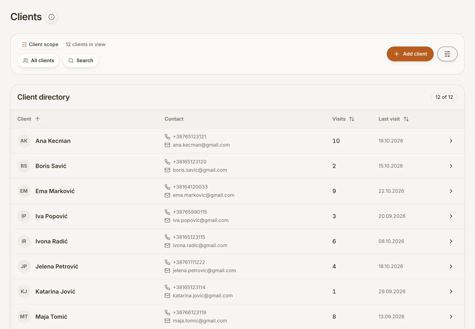 The client list with contact details and visits