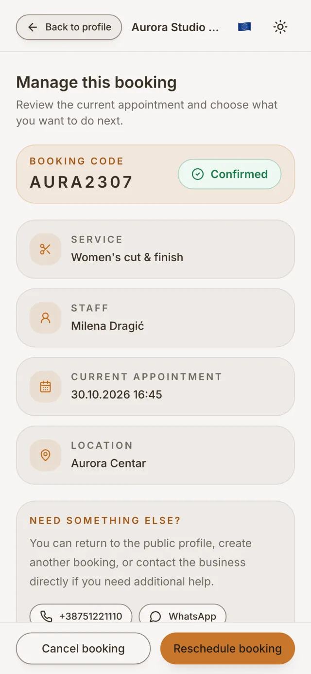 A client's booking with options to change or cancel it