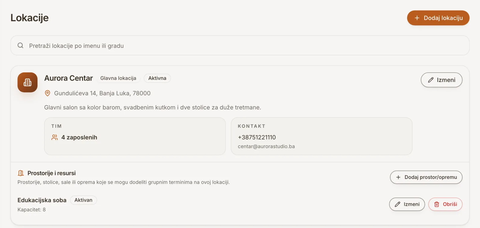 Lokacija salona sa radnim vremenom i timom