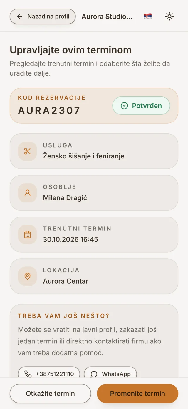 Rezervacija klijenta sa opcijama za promenu i otkazivanje