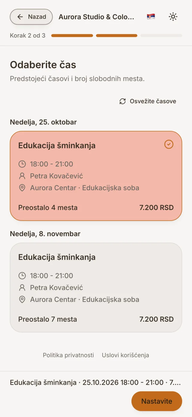 Rezervacija mesta na grupnom času